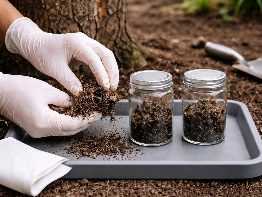 Gardener collecting soil and small root clippings into clean jars for lab PCR testing, minimal setting