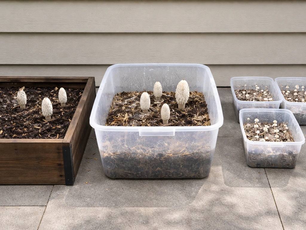 Three side-by-side grow setups for shaggy mane: outdoor bed, indoor tub, and containers.