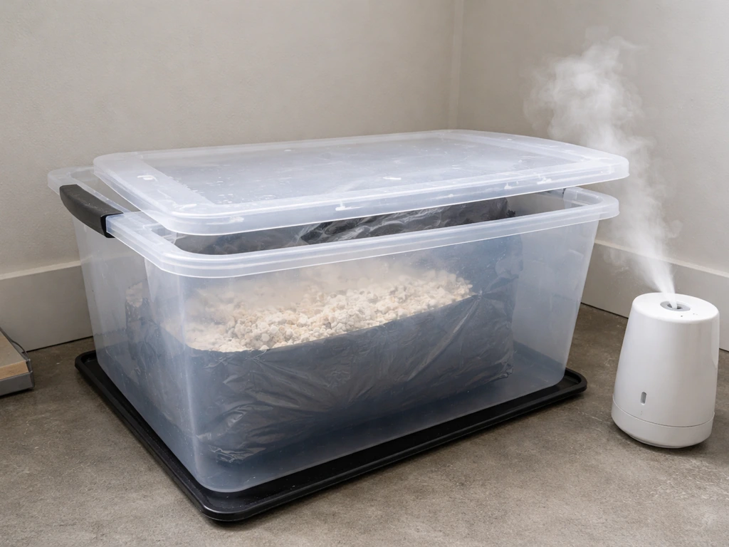 Lidded plastic tub with polypropylene grow bag indoors, lightly misted for humidity and airflow.