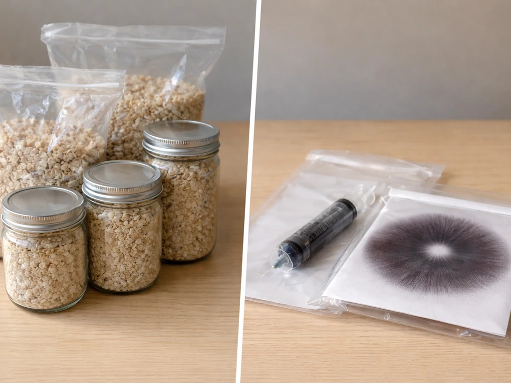 Close-up of grain spawn jars beside spore print supplies, showing spores vs ready-to-use spawn.