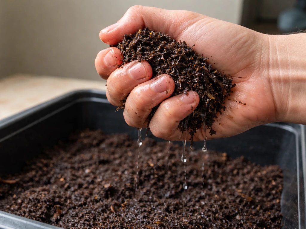 Anonymous hand squeezing a handful of damp compost, with a few droplets escaping.