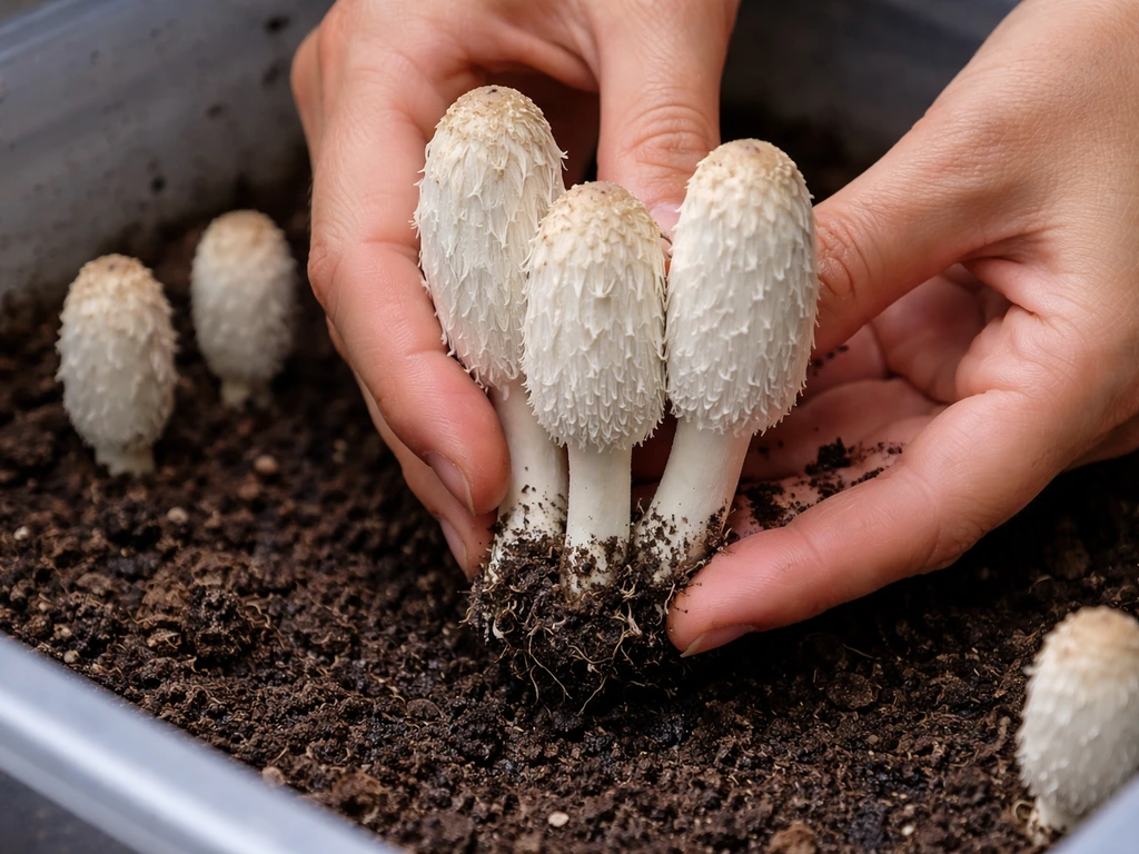 Close-up of multiple shaggy mane mushrooms being gently twisted and pulled from their base in a grow bin