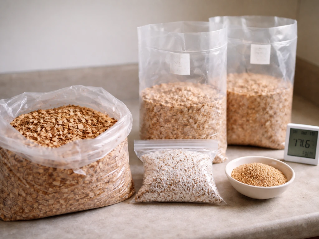 Ingredients and tools for an indoor pioppino sawdust-block grow: sawdust, bran, spawn, grow bags, thermometer.