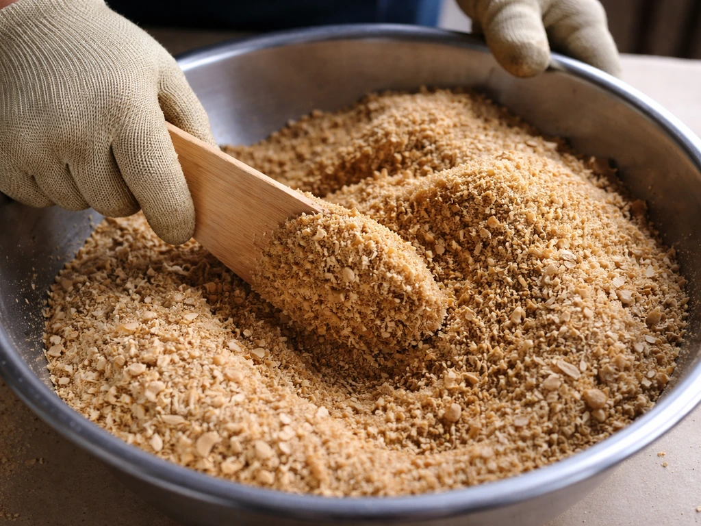 Gloved hands mixing hardwood sawdust and bran supplement in a metal tub for indoor sawdust blocks.