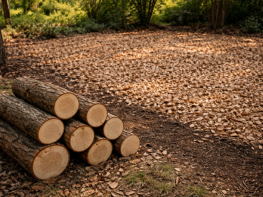 Fresh hardwood logs stacked beside a shaded bed of thick wood chips on bare soil outdoors.