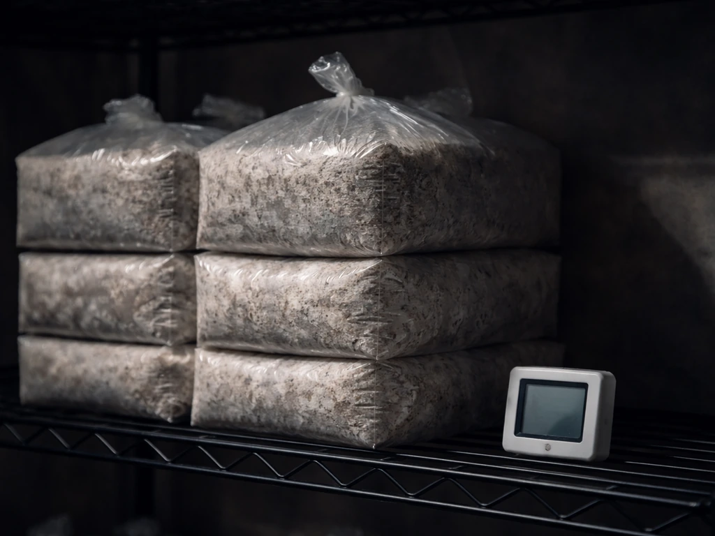 Sealed indoor mushroom grow bags in a dark room with a thermometer/hygrometer showing colonization conditions.