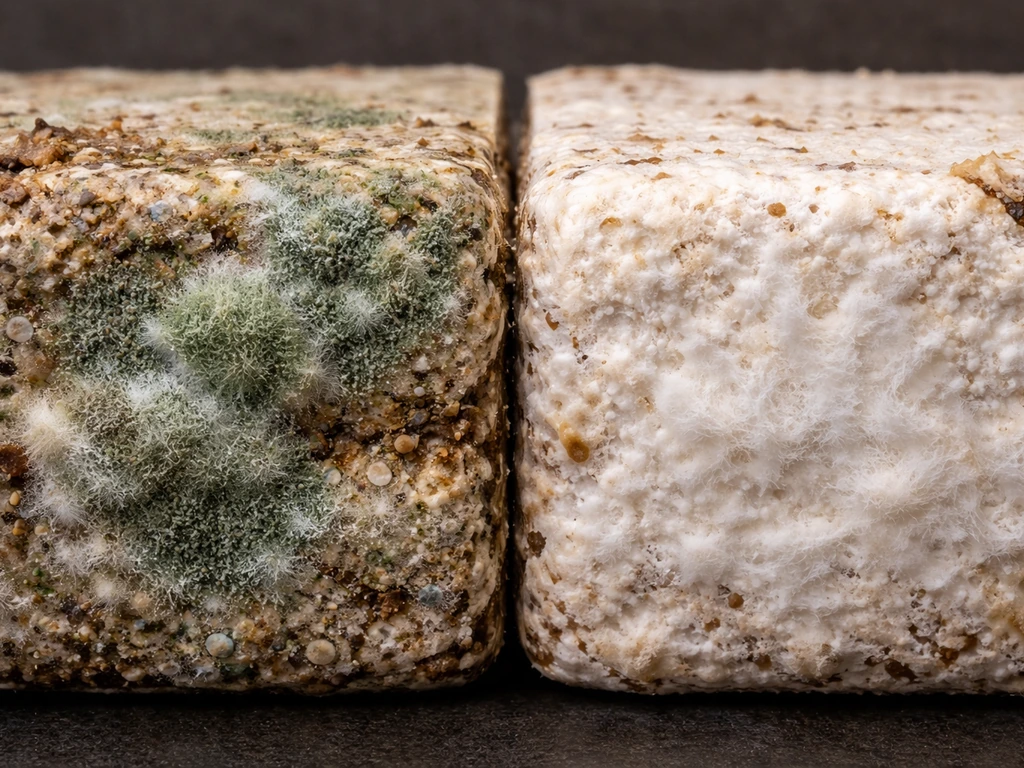 Split view of mushroom substrate: one area shows green mold, the other looks healthy and colonized.