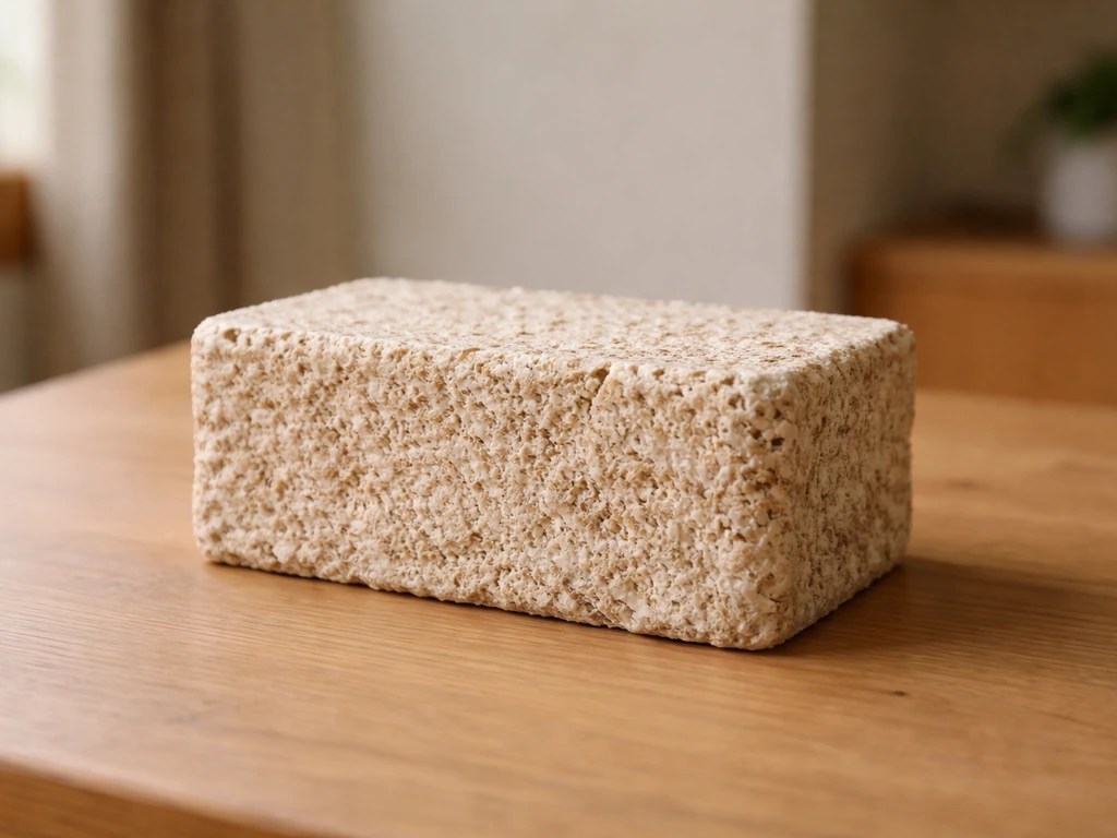 Fully cured mycelium brick with a fibrous cross-section in a calm natural interior setting.