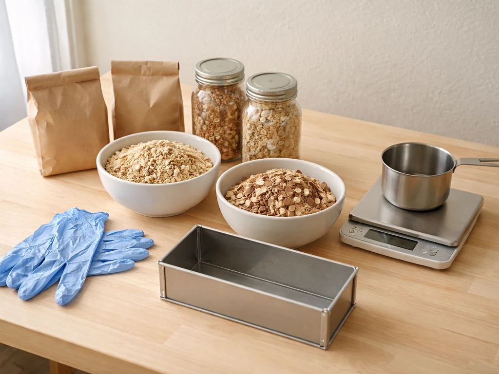 Supplies for making mycelium bricks: grain spawn, substrate bowls, gloves, mold, and measuring tools on a table.
