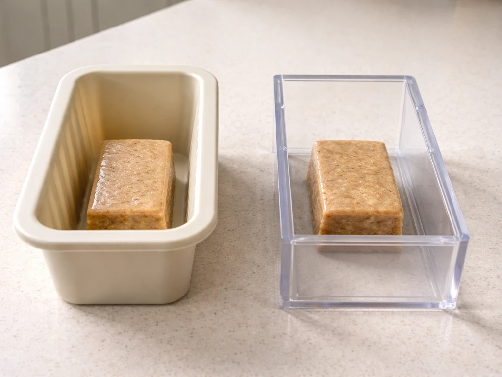 Close-up of a silicone loaf mold and a rigid PVC mold side by side shaping brick-like food.