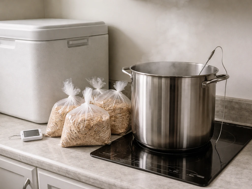 Stainless pot on a stovetop with substrate bags and a thermometer showing a pasteurization setup.