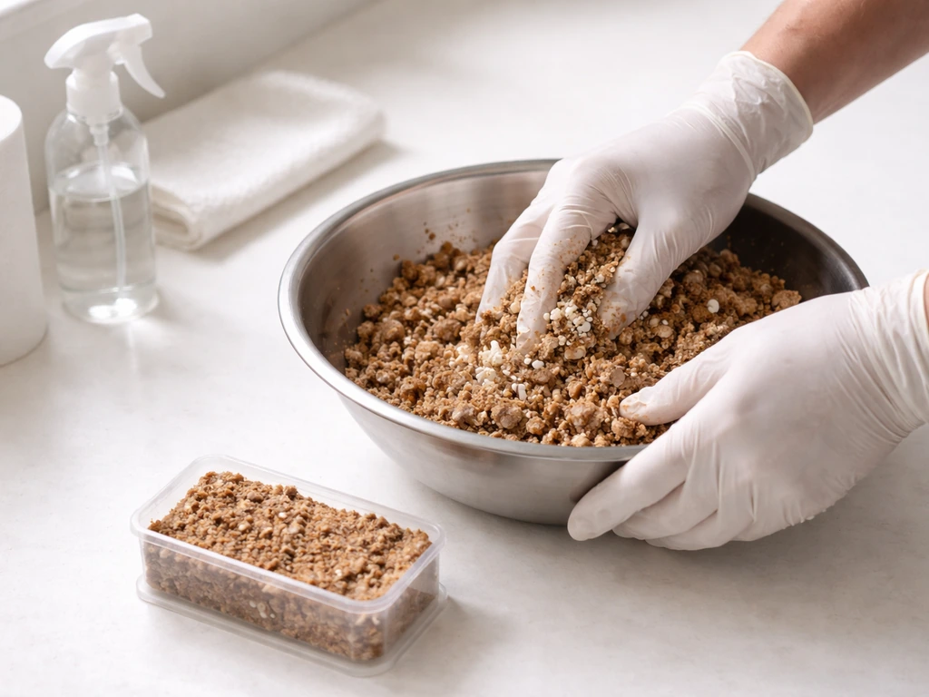 Gloved hands mixing mushroom spawn with substrate and packing it into a small mold
