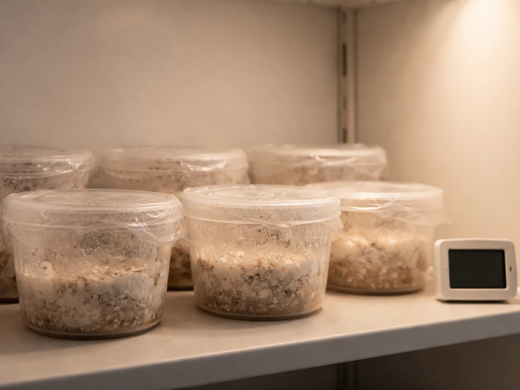 Warm, humid mycology incubation setup with wrapped containers inside a clean, controlled space.