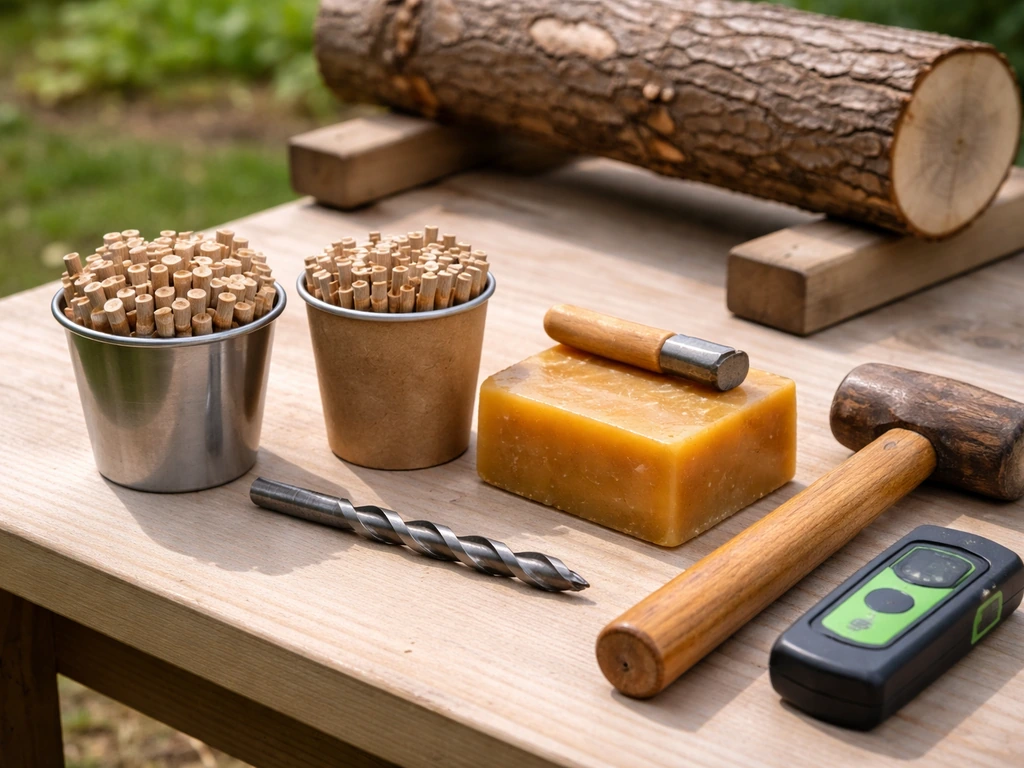 Staged shiitake plug spawn, sealant wax, drill bits, mallet, and moisture meter on a workbench.