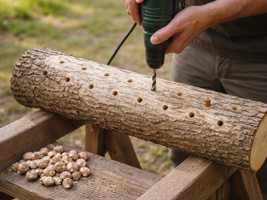 Close hands drilling shallow holes in a log and pressing shiitake plugs into staggered rows.