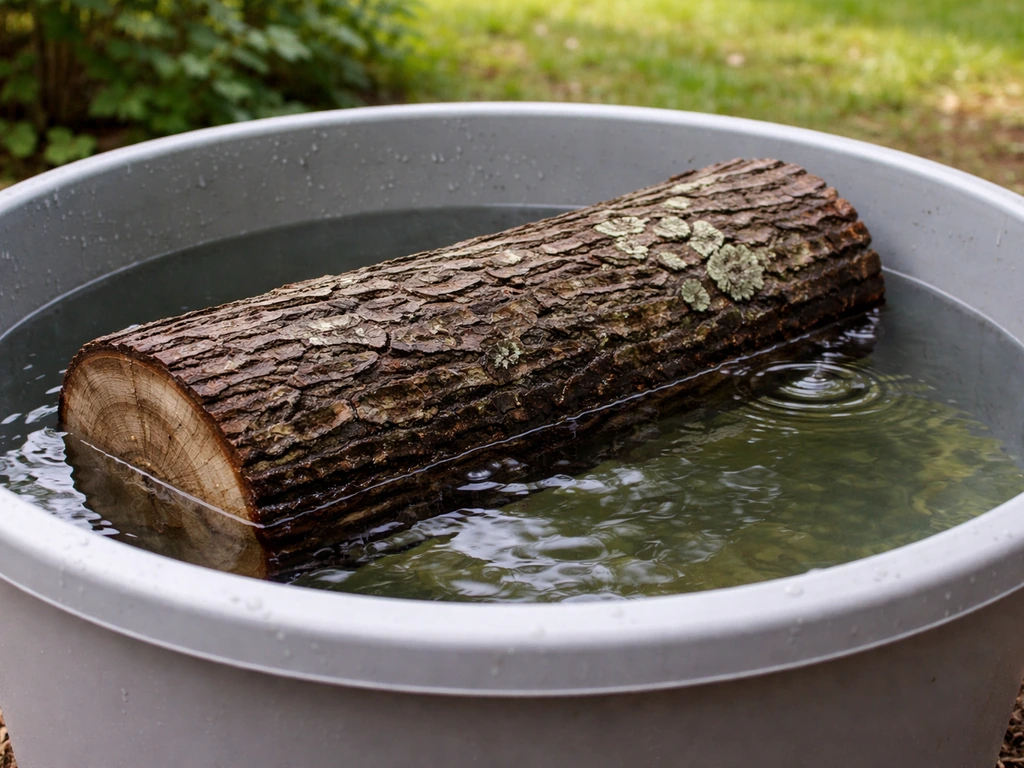 Mushroom log partially submerged in a garden tub of soak water outdoors, showing a soaking setup.
