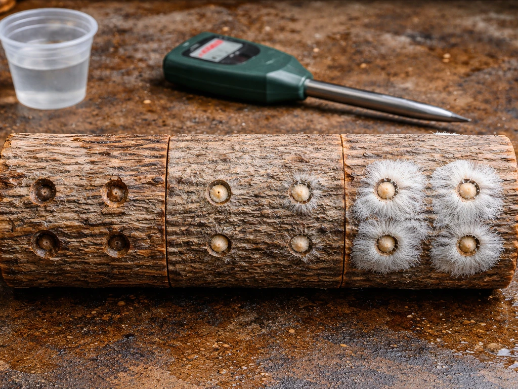 Hardwood log on a bench showing dry, faint, and healthy white mycelium near plug holes.