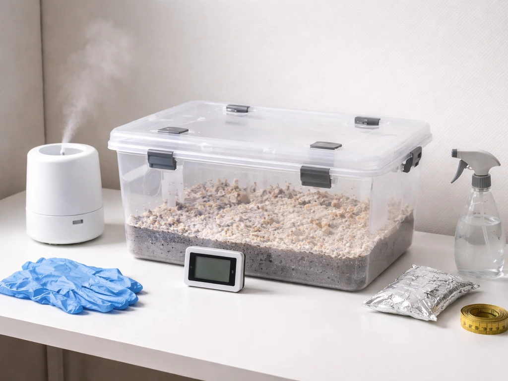 Minimal tabletop setup showing a fruiting chamber, humidity control, hygrometer, and basic grow tools.
