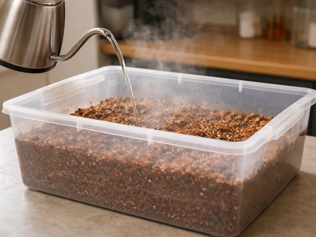 Boiling water pouring into a covered coco coir and vermiculite mix as steam rises