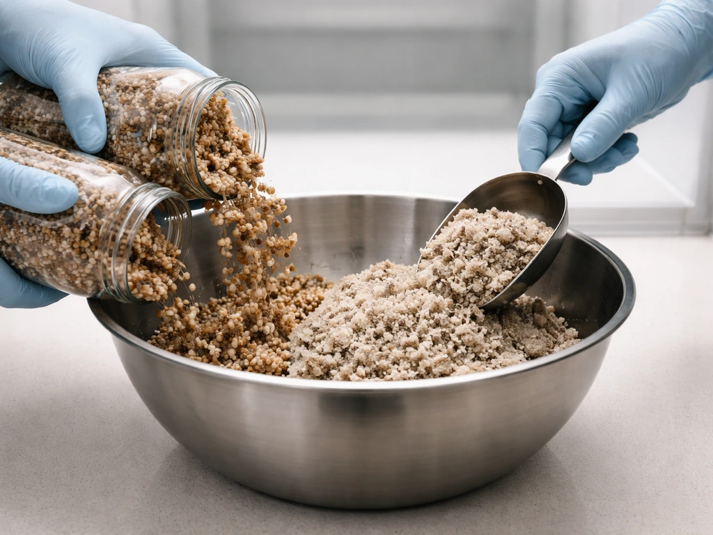 Hands mixing colonized grain jars into cooled bulk substrate in a clean container with a simple measuring scoop