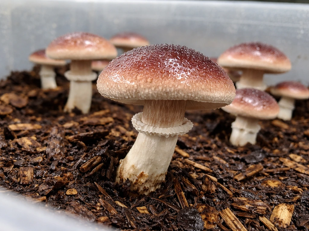 Close-up of wine cap mushrooms fruiting from wood chips inside a small indoor grow container.