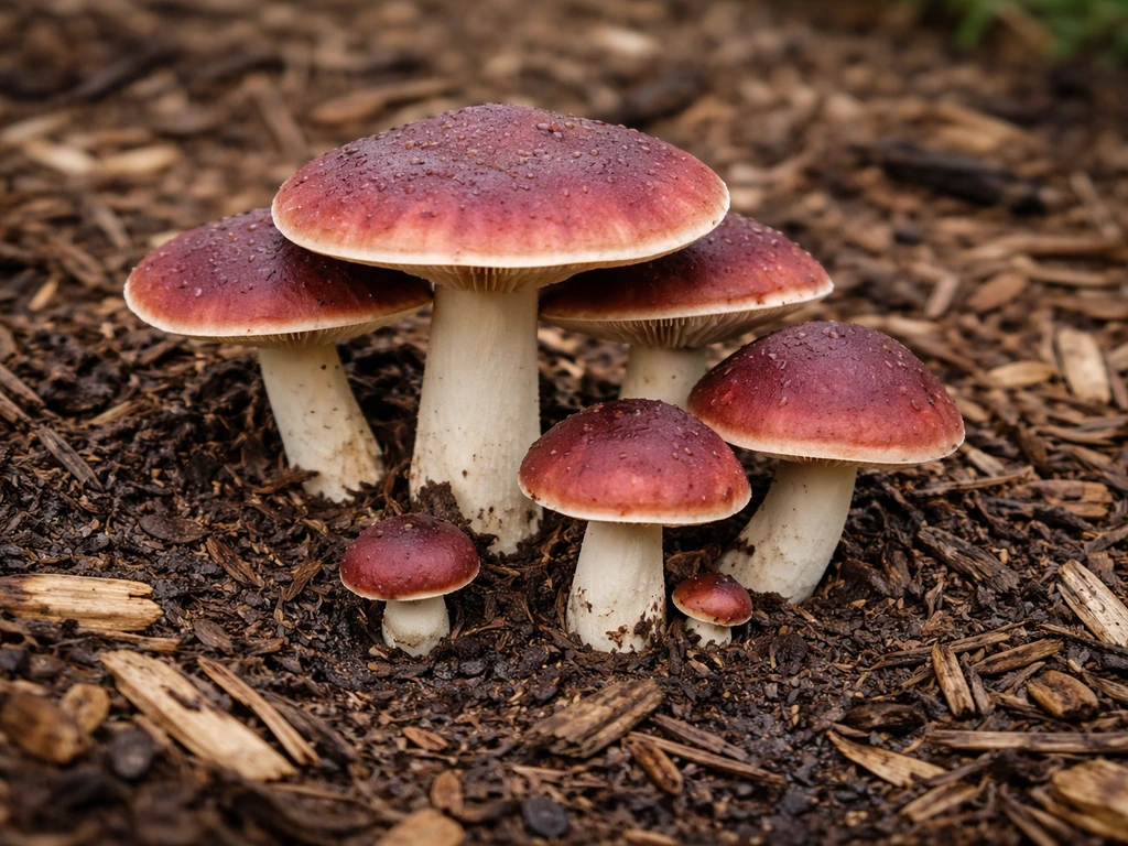 Clusters of wine cap mushrooms with burgundy caps on wood chips in a garden bed