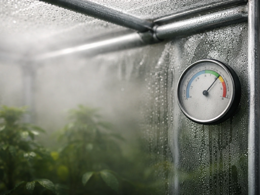 Humid grow tent interior with condensation droplets and an analog humidity gauge in the target range.