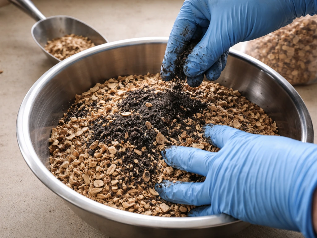 Gloved hands mixing hardwood sawdust and wood chips with a nitrogen supplement in a clean bowl.