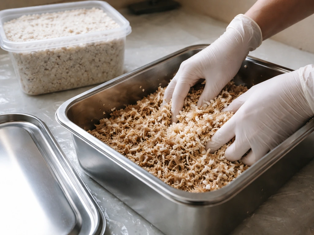 Gloved hands mixing spawn into cooled mushroom substrate in a clean covered bin, with colonized substrate nearby.