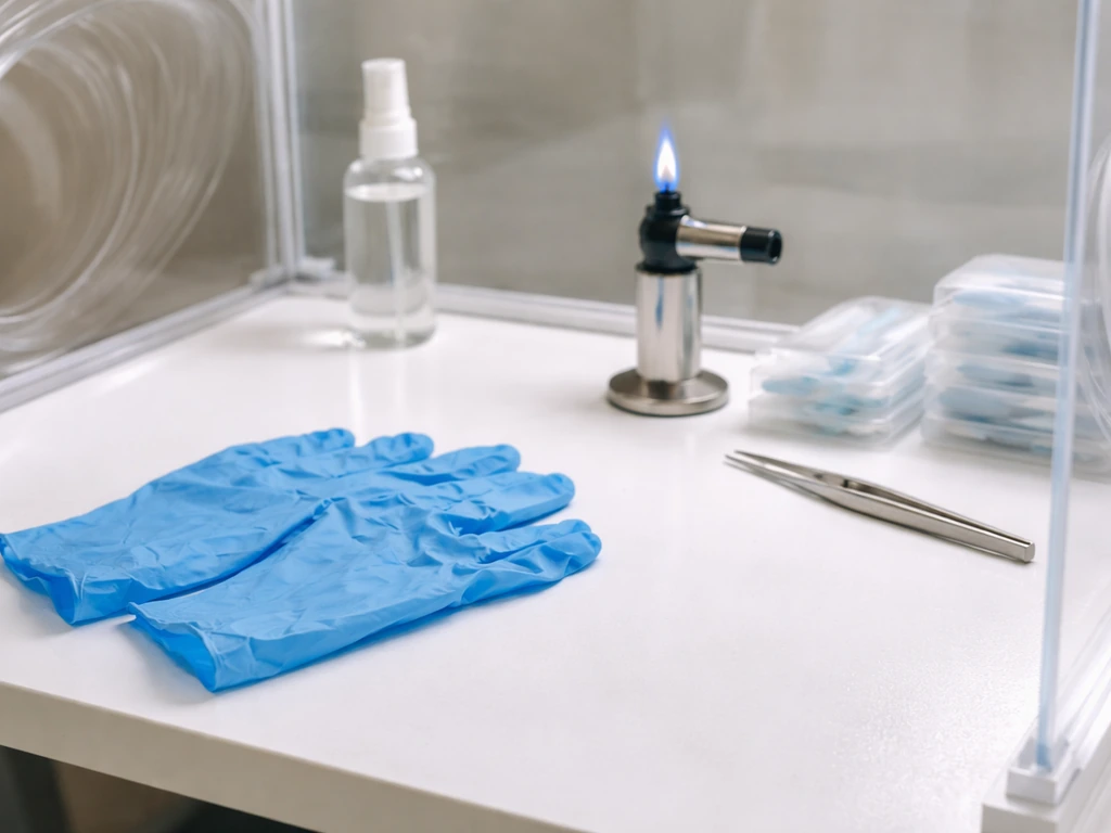 Close-up of a disinfected sterile workspace with gloves, alcohol spray, and a flame-sterilization tool.