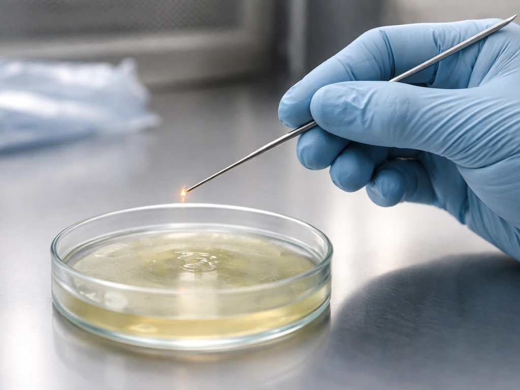 Sterile inoculation loop touches an agar plate with a few drops, inside a clean workspace under light.