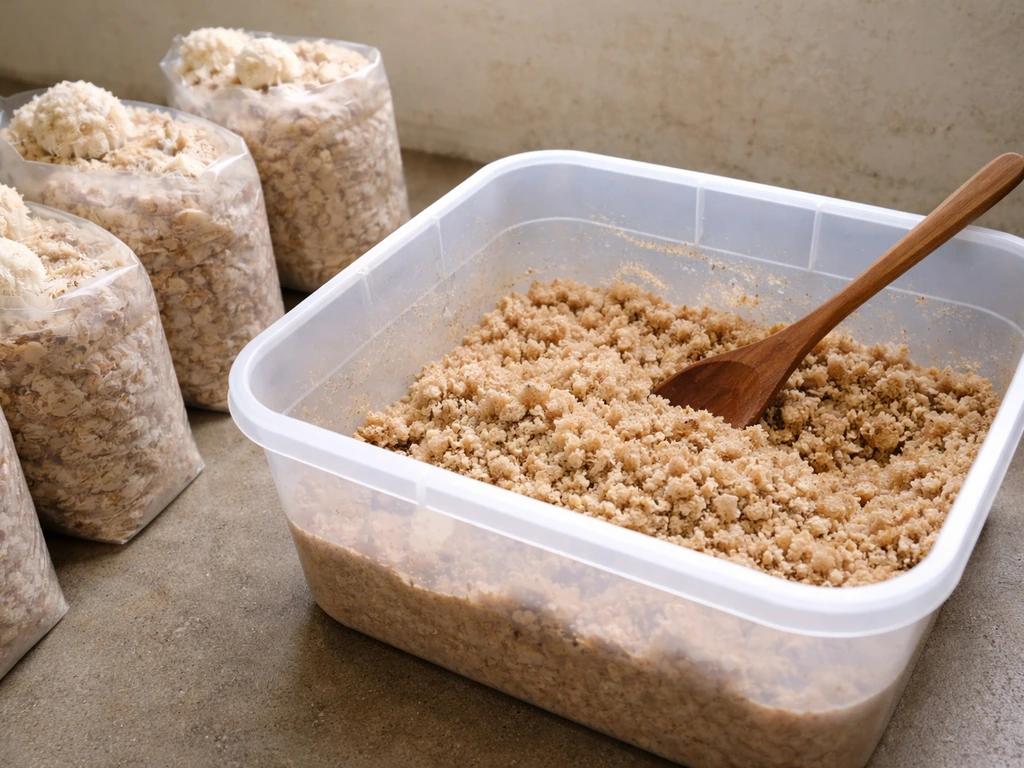 Hardwood sawdust and hydrated lion’s mane substrate mixed in a tub beside filled mushroom grow blocks.