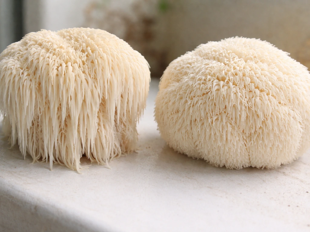 Side-by-side lion’s mane clusters: malformed icicle-like spines next to a normal dense pom-pom form.