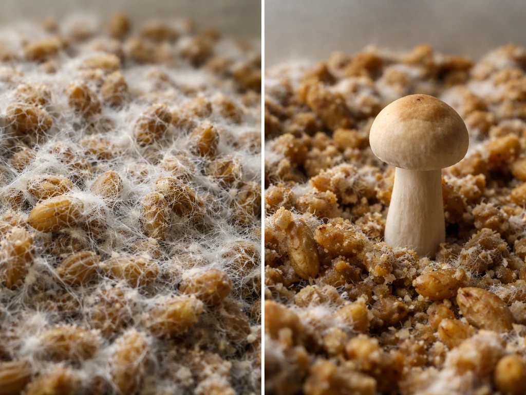 Split scene showing white hyphal filaments in grain substrate beside a small mushroom fruiting body.