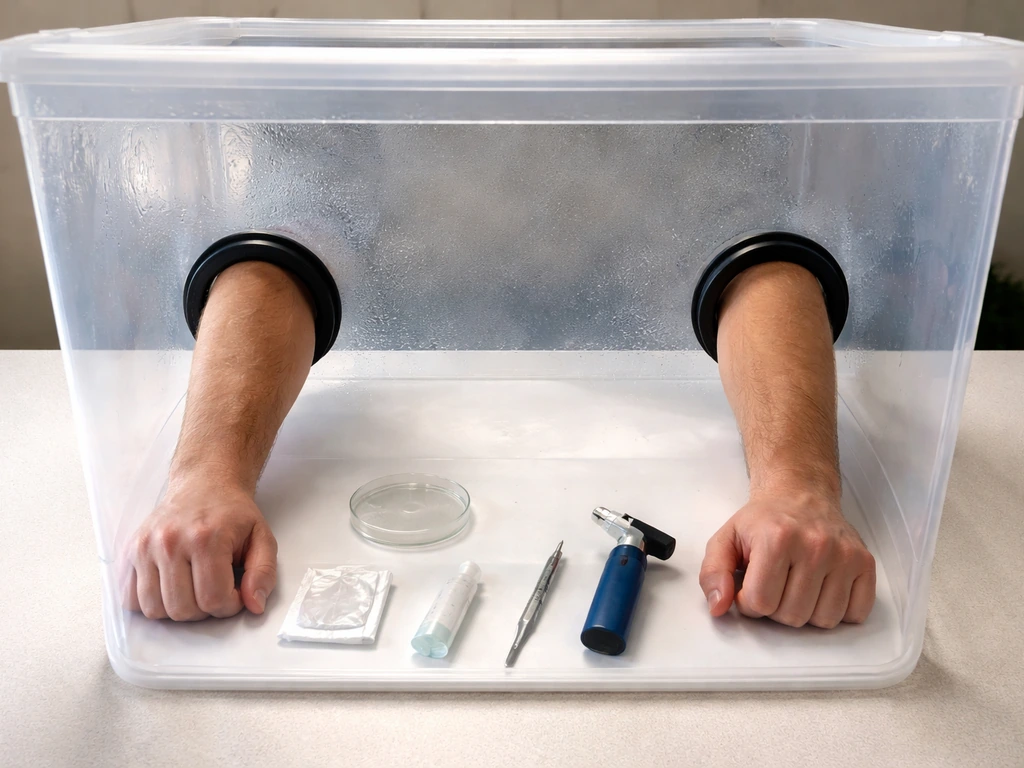 Clear plastic still air box with arm holes, freshly wiped inside, sterile tools staged for inoculation.