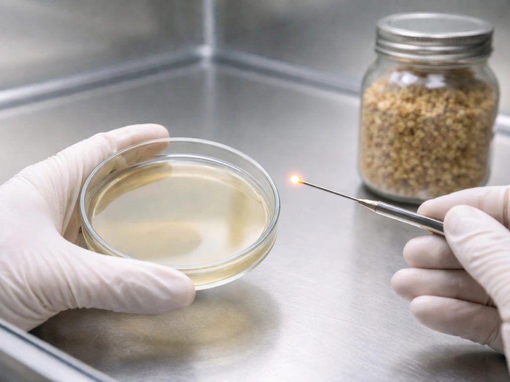 Gloved hands inside a sterile setup using an inoculation loop between agar and a grain jar.