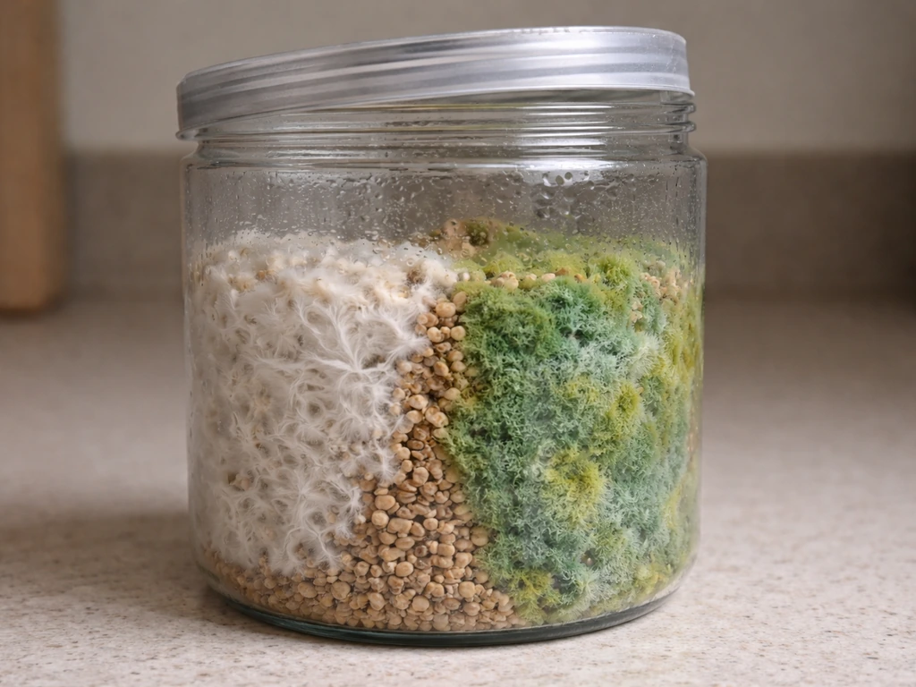 Close-up of a mushroom grow jar showing white mycelium alongside fast-growing green mold contamination.
