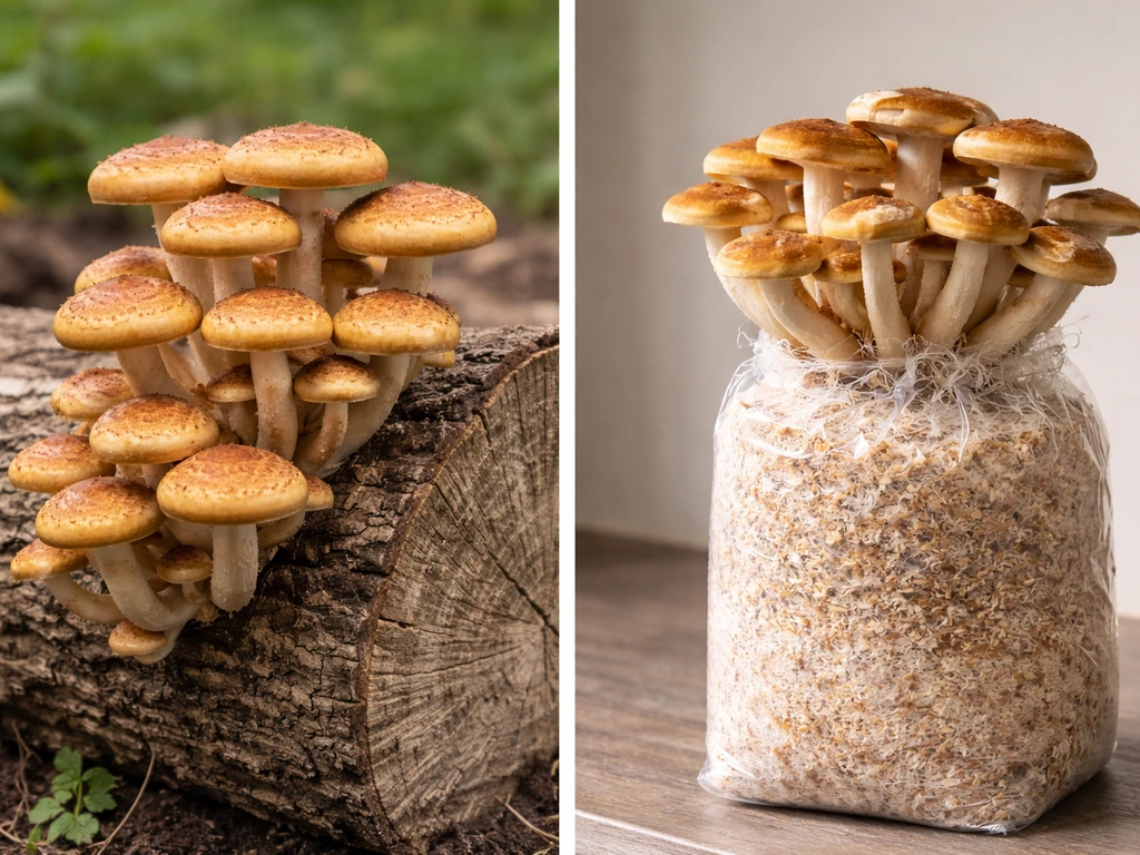 Honey mushrooms fruiting outdoors on a log and indoors from a sawdust grow bag in a split-scene photo.