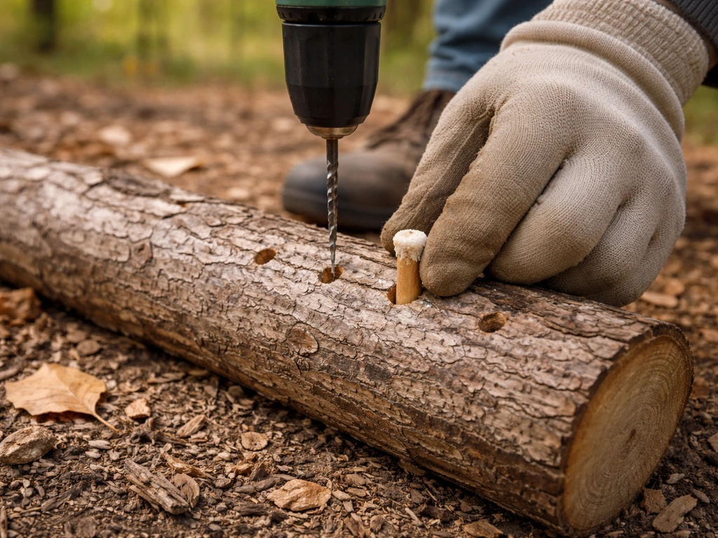 Hands drilling small holes into a hardwood log and inserting honey mushroom plug spawn outdoors
