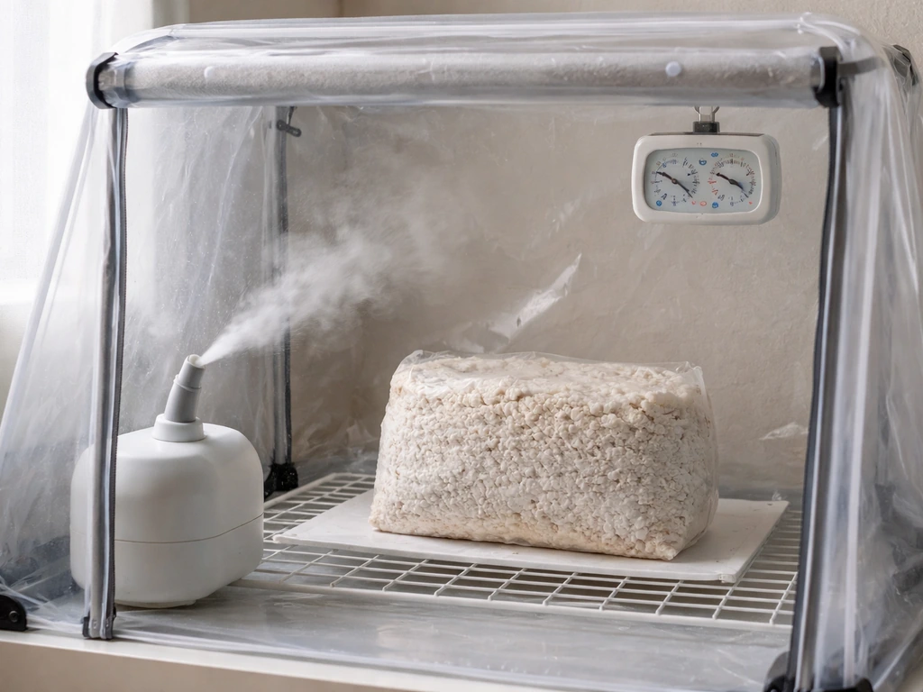 Colonized grow bag inside a small fruiting tent with misting humidifier and a temperature-humidity sensor nearby.