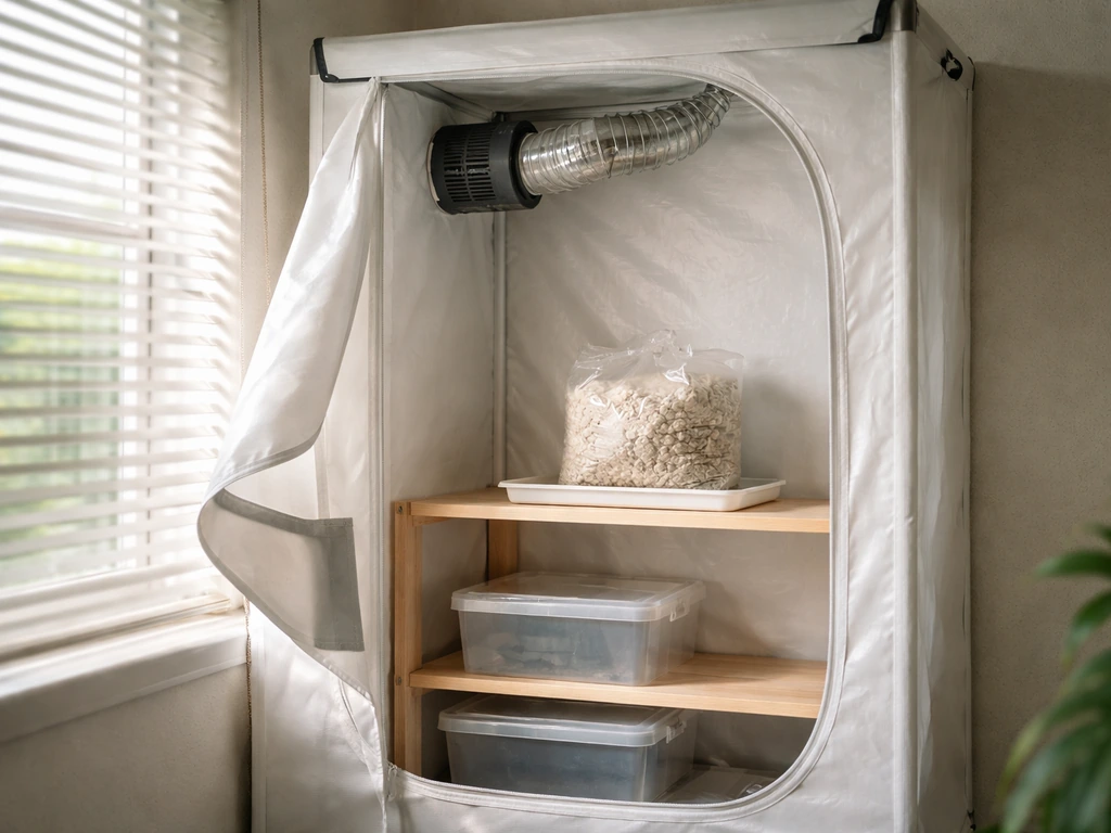 Fresh-air cultivation setup with indirect light and a small vent/fan in a clean grow room