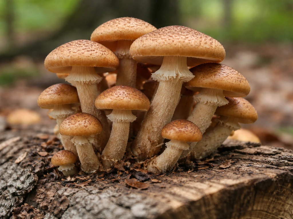 Close-up of honey mushroom cluster on a log showing veils beginning to tear for harvest timing.