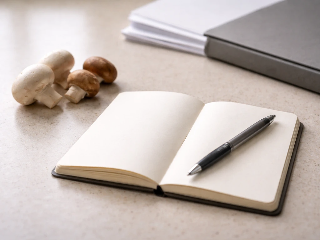 Close-up of a small notebook with a pen beside two mushroom varieties in a kitchen, emphasizing legal clarity.