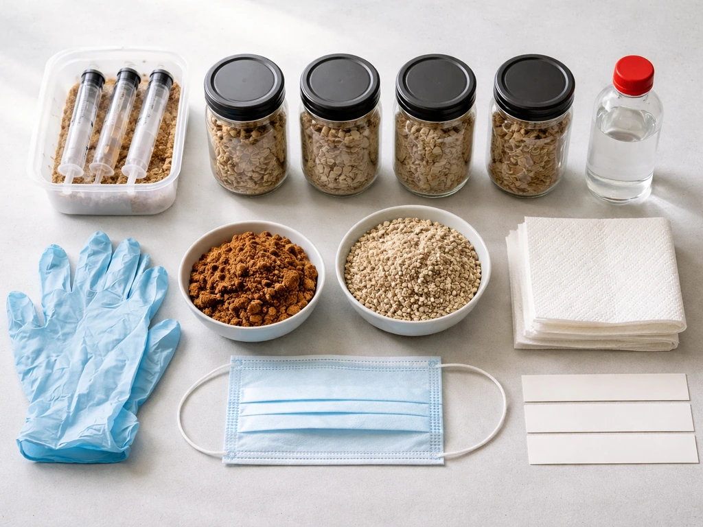 Clean work surface with mushroom cultivation starter materials: spawn/spores, substrate jars, gloves, paper towels, alco