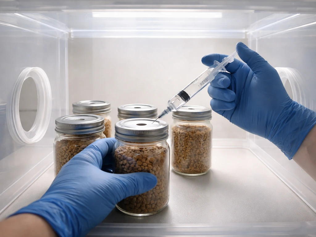 Hands working inside a still-air box with sterile syringes over grain jars on a clean surface