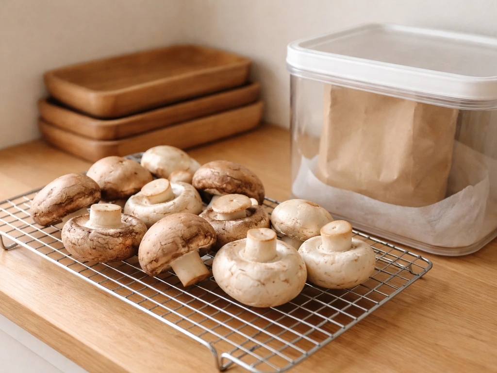 Harvested mushrooms on a drying rack with an airtight container ready for storage.