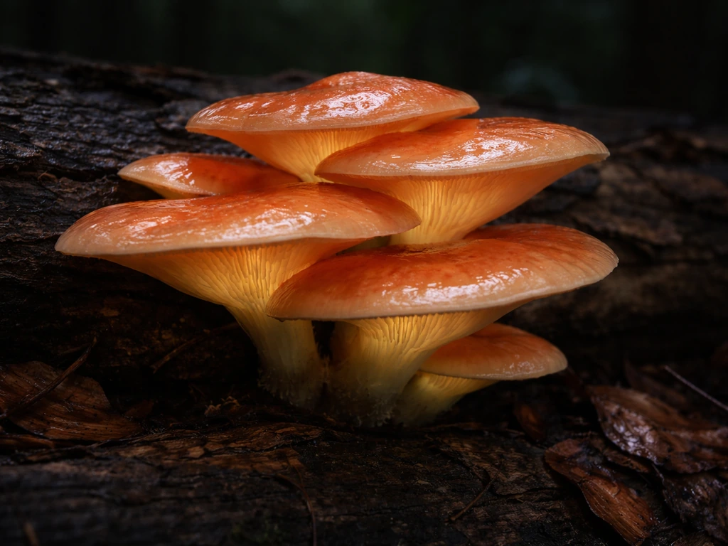 Bioluminescent Omphalotus nidiformis ghost fungus glowing on decaying hardwood logs in a dark forest.