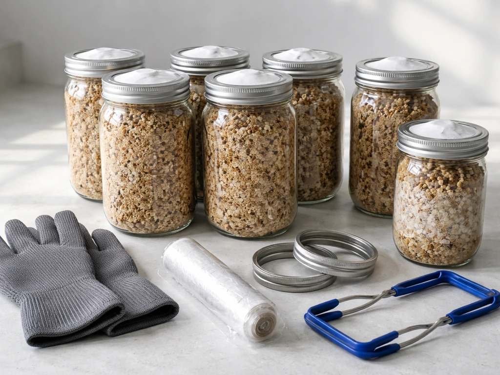 Mason jars with filter lids and mushroom-culturing tools neatly arranged on a clean work surface.