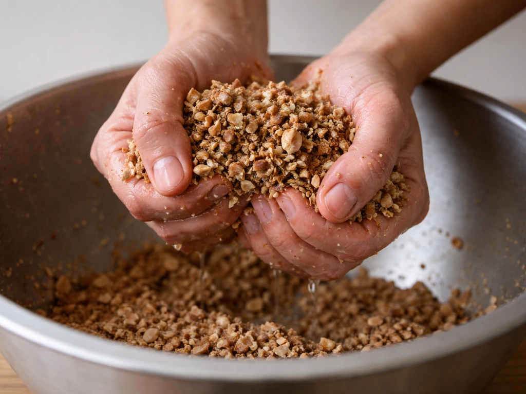 Hands squeezing a handful of hardwood-based mushroom substrate to show field-capacity moisture.
