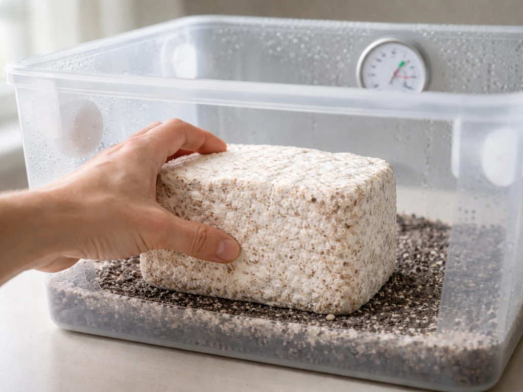 Colonized mushroom substrate block being placed into a simple monotub fruiting chamber with humidity setup
